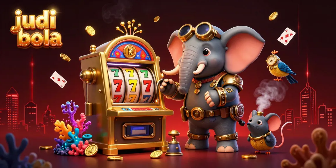 Immerse in judi bola excitement with a whimsical steampunk elephant at a lively casino setting.