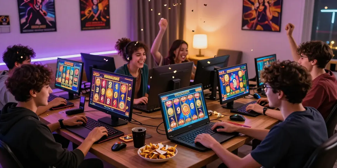 Energetic online gaming scene showcasing friends celebrating big wins while playing garuda303 slot, highlighting vibrant graphics and cozy atmosphere.