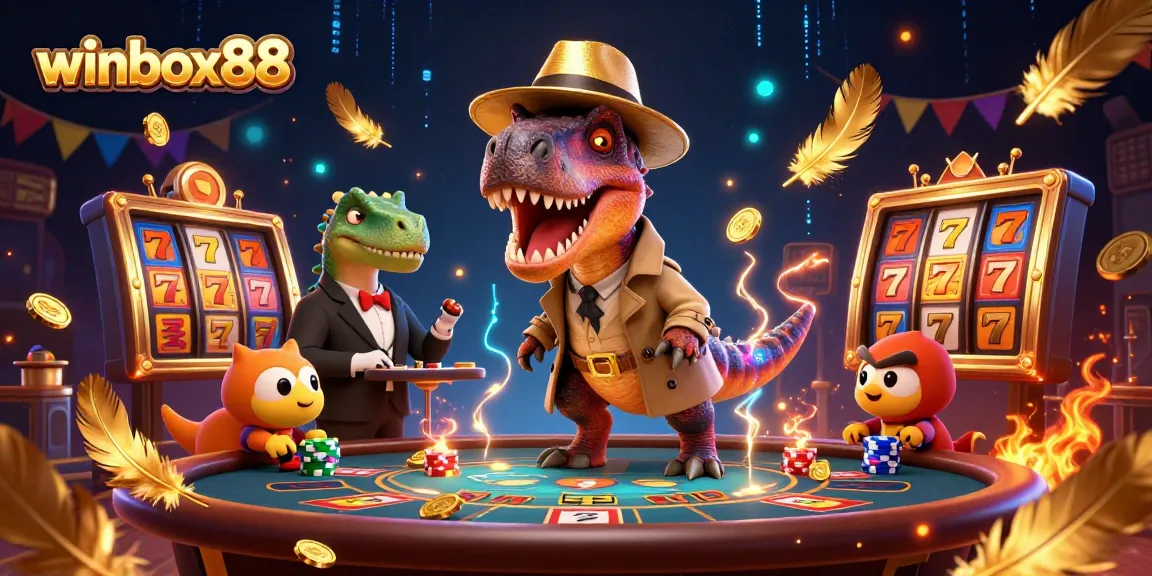 winbox88 themed scene with a velociraptor at a blackjack table, surrounded by dynamic game elements