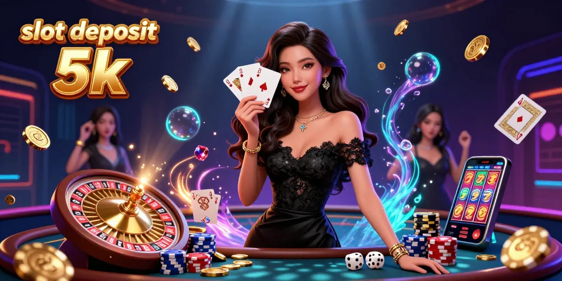 Experience slot deposit 5k with an elegant Asian woman holding playing cards and surrounded by vibrant casino elements.