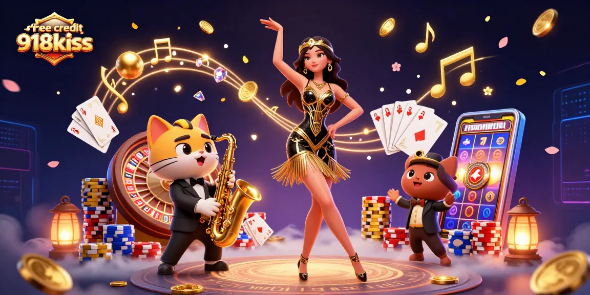 Spin the reels and win with free credit 918kiss in an extravagant casino scene.