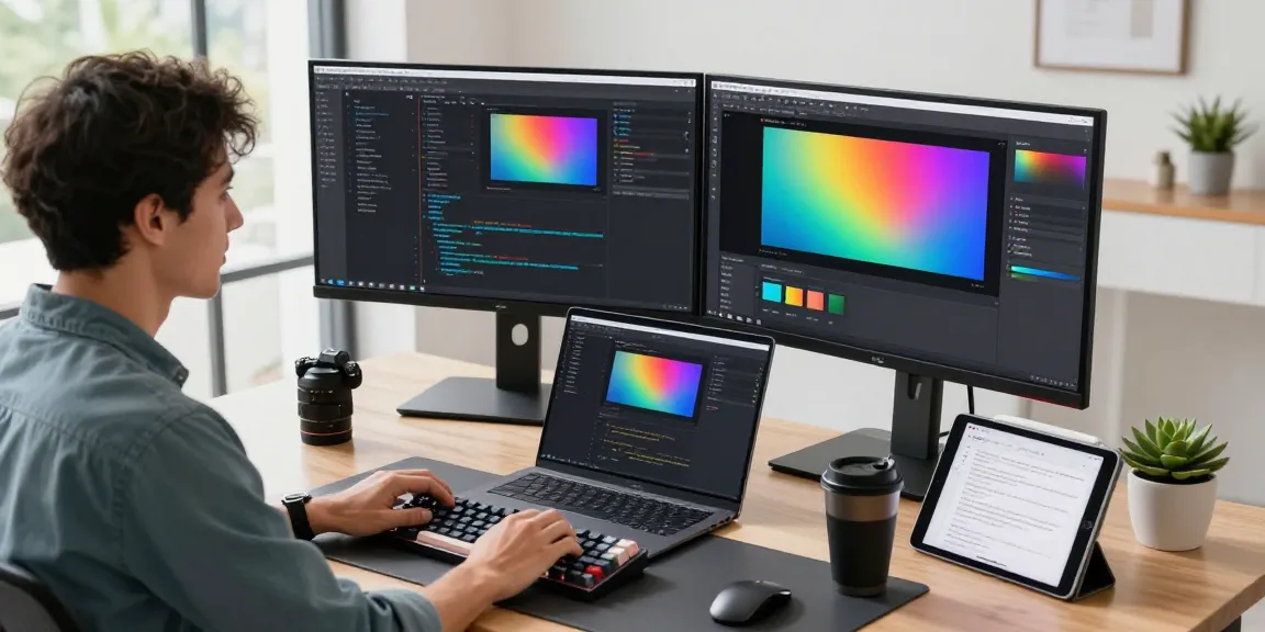 Developer utilizing Snipaste's 截图工具 in a modern workspace with dual monitors and creative design elements.