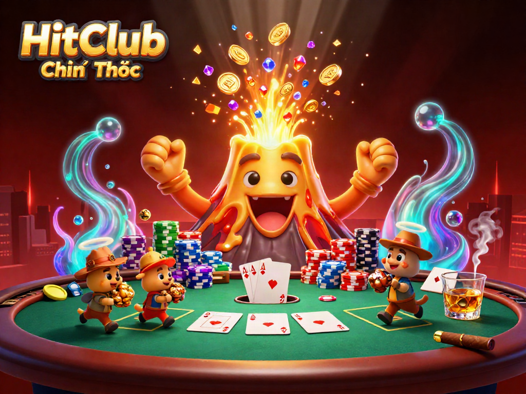 Experience the thrill of HitClub Chính Thức with golden lava, treasure, and poker excitement in a vibrant casino scene.