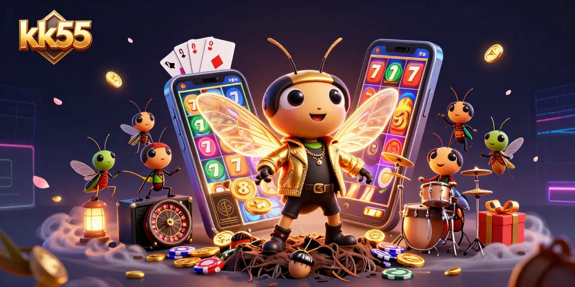 kk55 presents a vibrant 3D rock star scene celebrating online casino gaming excitement and fun.