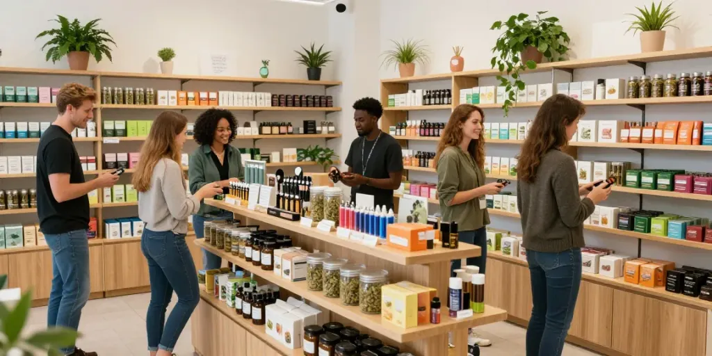 Buy weed in Croydon at a vibrant dispensary with diverse customers exploring products.