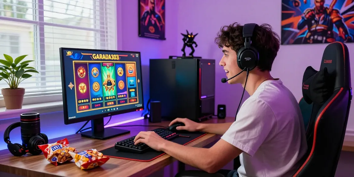 Excited player enjoying garuda303 slot on a computer, surrounded by gaming gear and vibrant atmosphere.