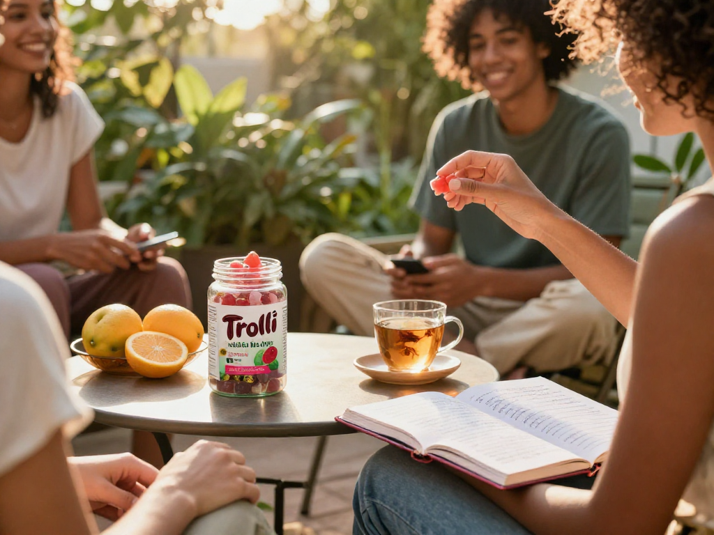 Trolli CBD-infused gummies showcased in a vibrant outdoor wellness scene, emphasizing natural ingredients and social enjoyment.