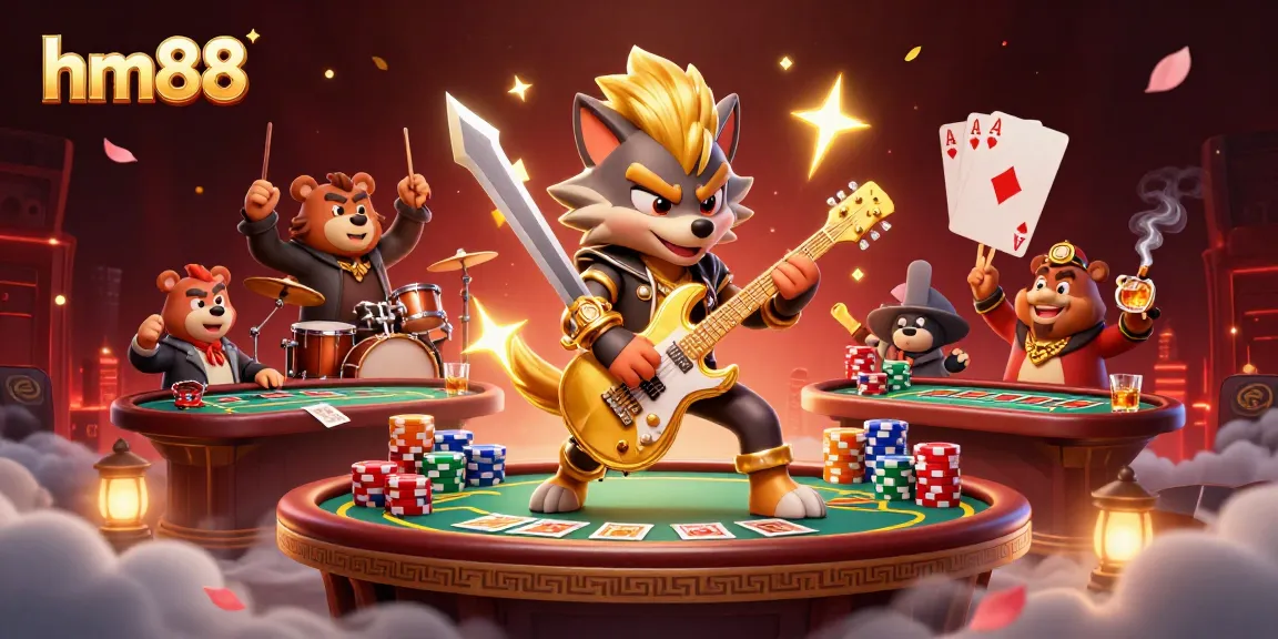Experience thrilling gameplay at hm88 with a rock star wolf on stage and poker elements in a vibrant casino.