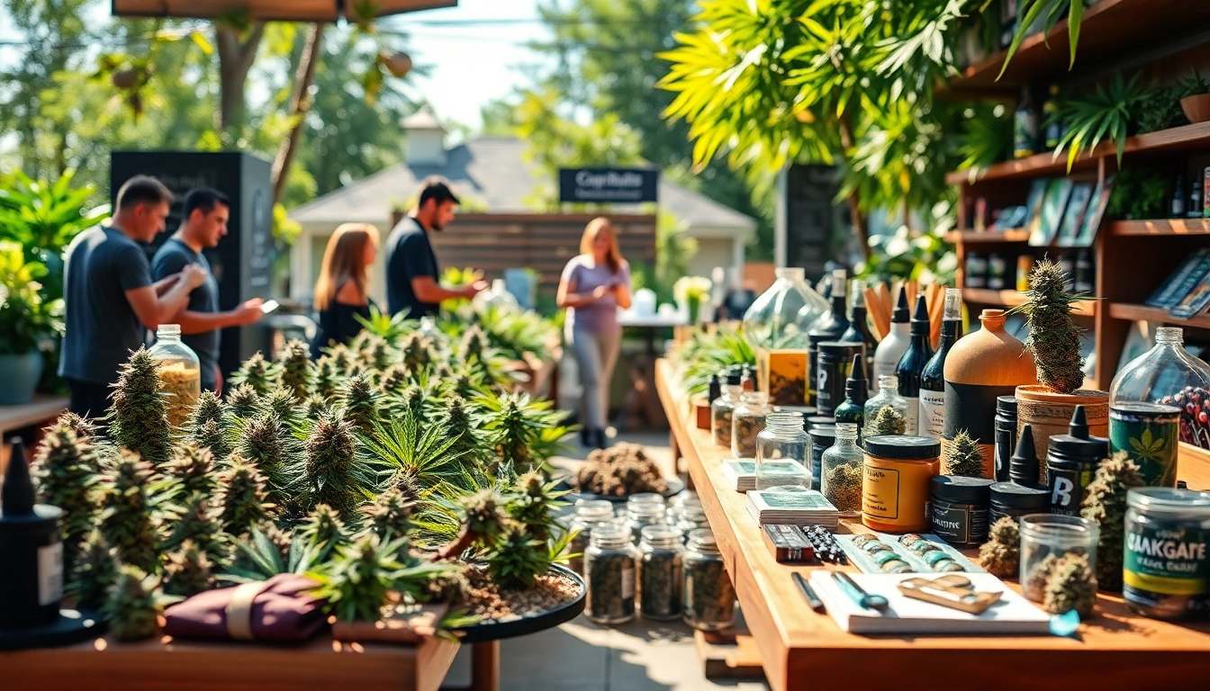 Find where to buy marijuana through a vibrant market scene showcasing diverse products.