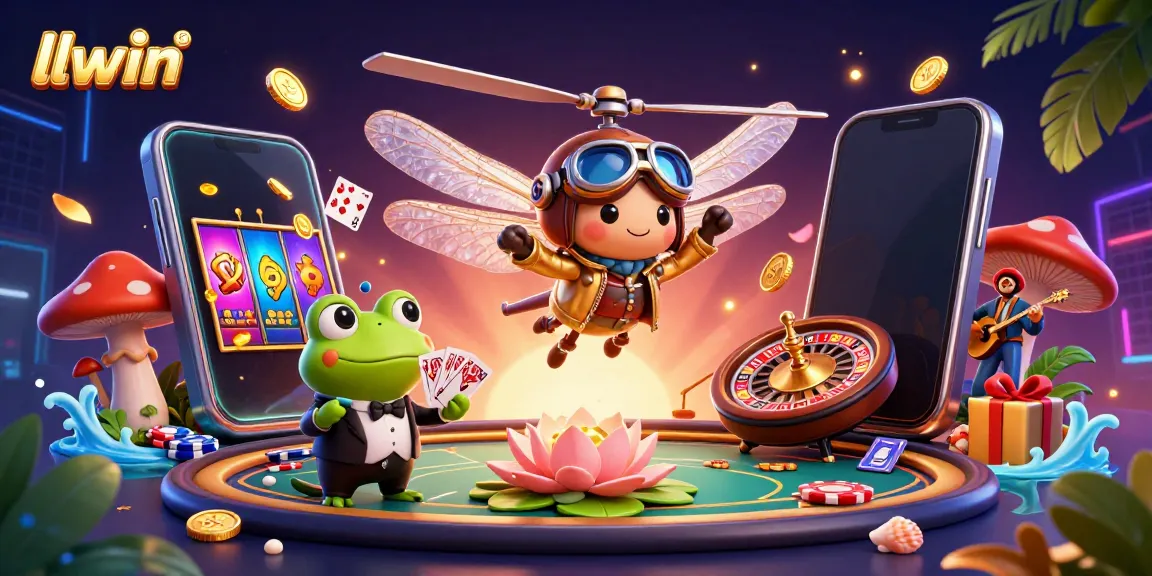 Experience the thrill of llwin with a vibrant casino scene featuring a dragonfly pilot and frog croupier.