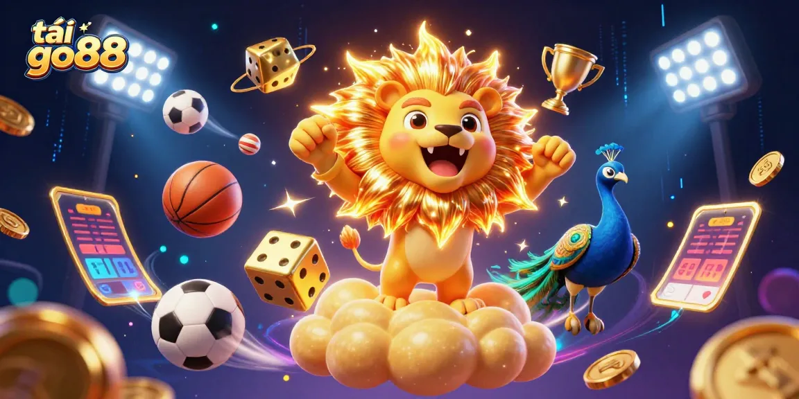 Engage in thrilling gameplay with tải go88, where a majestic sun lion and cosmic dice create a winning atmosphere.