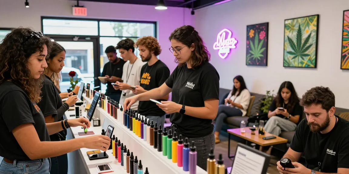 Group of friends exploring Muha Meds products in a vibrant cannabis shop