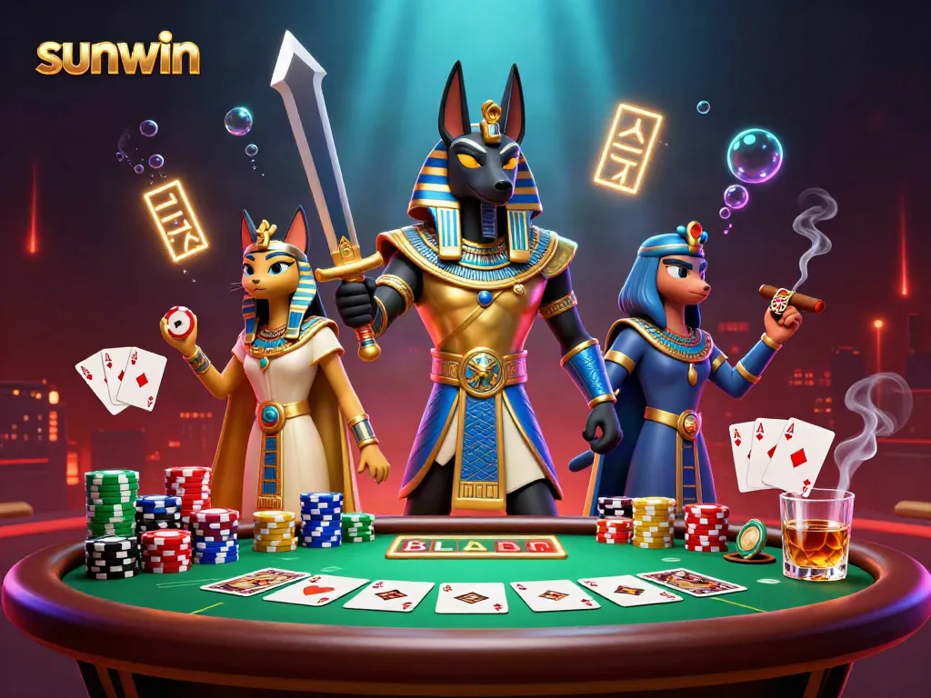 Experience thrilling gameplay with sunwin's vibrant casino scene featuring Anubis and Bastet.