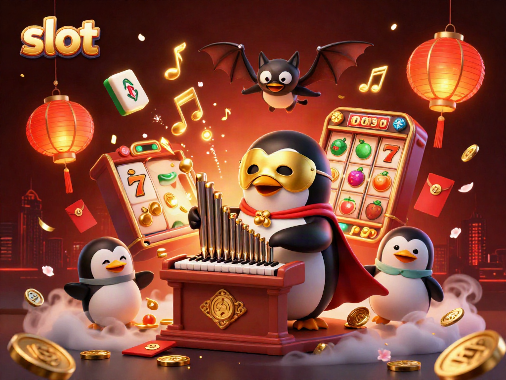Experience thrilling slot action as a penguin character plays while coins and lucky symbols surround it.