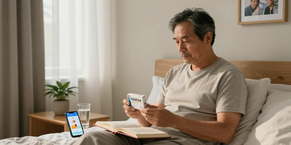 Man reflecting on his health while holding Vidalista in a cozy bedroom setting.