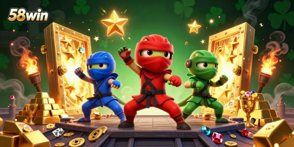 Synchronized ninja chameleons showcase 58win gaming excitement with golden treasures in a vibrant scene.