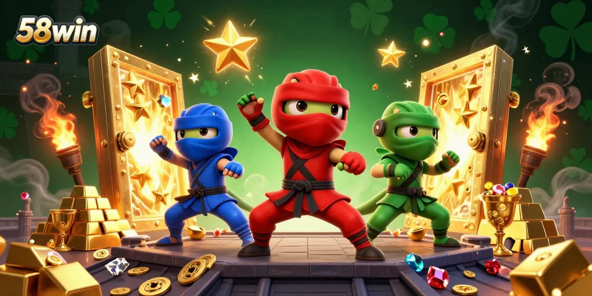 Synchronized ninja chameleons showcase 58win gaming excitement with golden treasures in a vibrant scene.