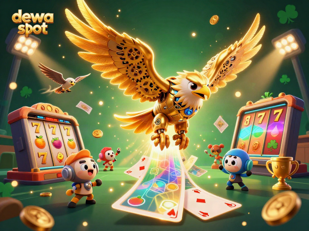 Ilustrasi 3D dewa slot dengan elang cybernetic dan simbol slot bersinar di tengahnya.