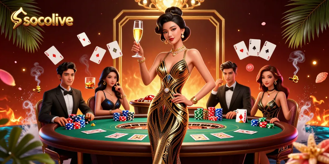 Socolive enhances gambling excitement, showcasing a glamorous Asian woman amidst chips and golden decor.