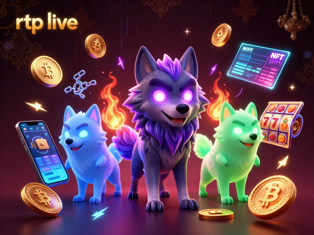 Engage with the rtp live experience through 3D wolves among vibrant casino icons and crypto elements.
