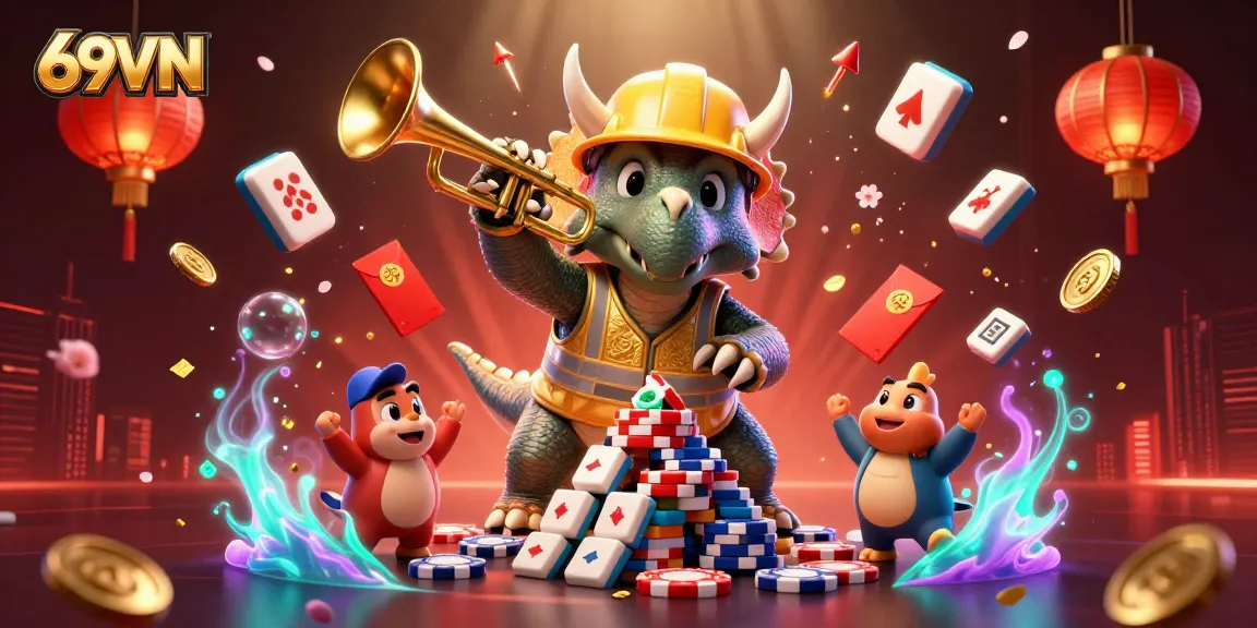 Experience the excitement of 69VN as triceratops builds poker chips while celebrating with dynamic game elements.