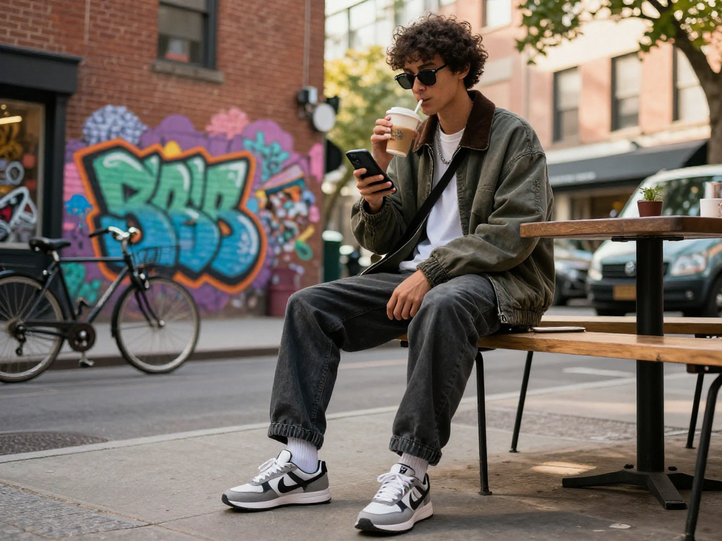 Stylish individual enjoying a city day with rokok88 street fashion, coffee, and vibrant urban backdrop.