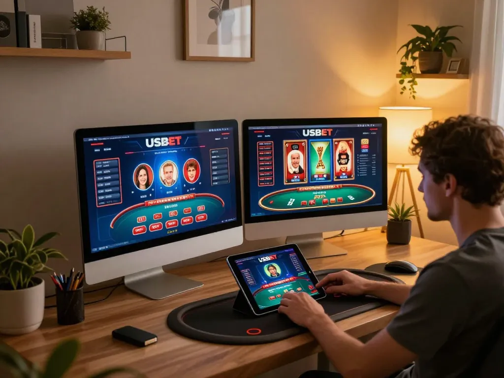 Person enjoying USBET online casino gaming on a tablet in a cozy home office