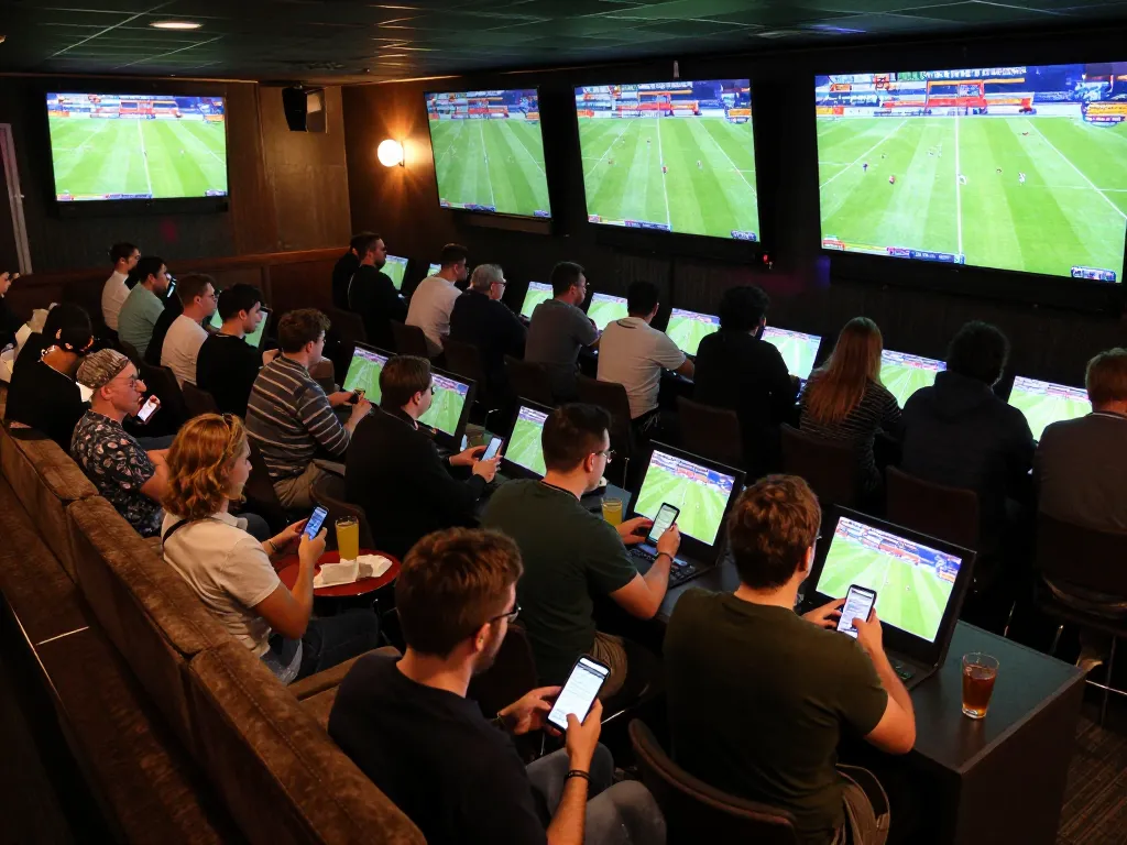 Watch fans place bets using the nowgoal platform in a vibrant sports lounge filled with excitement.