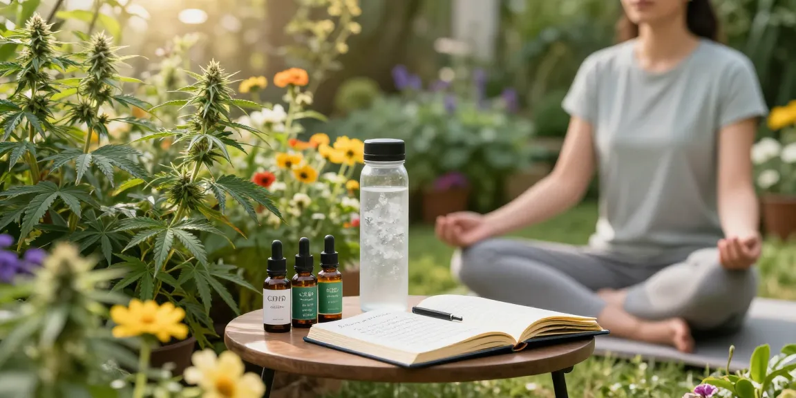collezione Ministry cannabis in a serene garden meditation scene with CBD oil and hemp plants, promoting natural wellness.