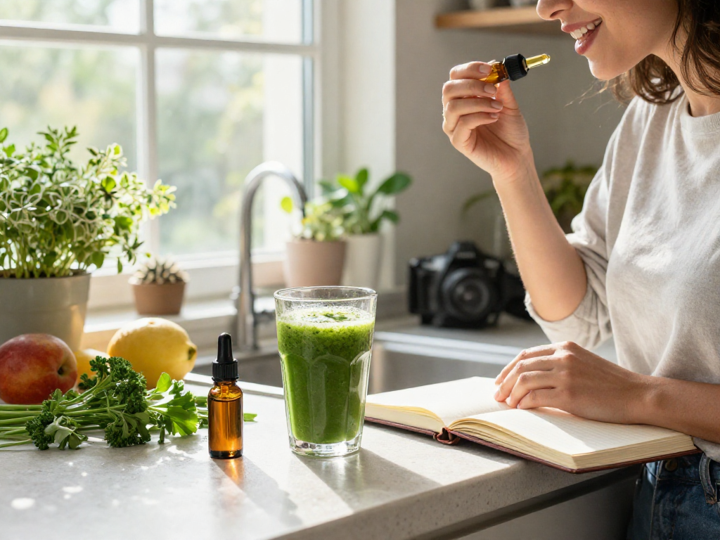 Online dispensary delivery of high-quality CBD oil and natural wellness products in a bright kitchen setting.