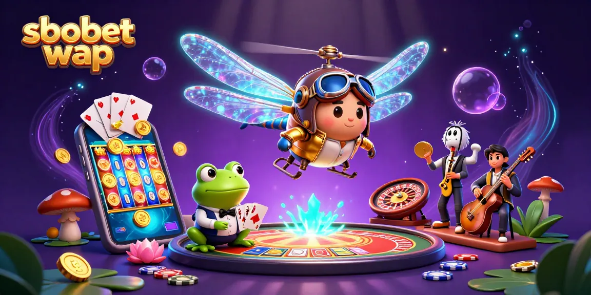 Experience sbobet wap with a dynamic 3D scene featuring a dragonfly pilot and casino games.