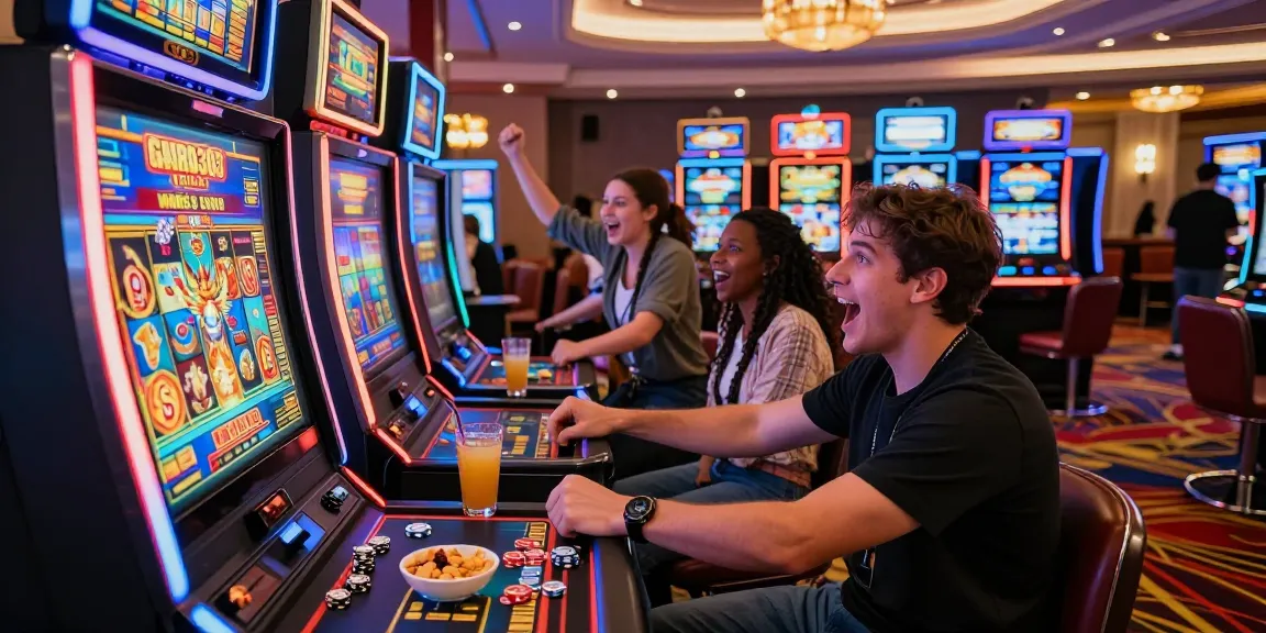 Friends enjoying the garuda303 slot game in a lively casino atmosphere.