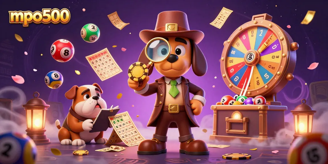 MPO500 offers a vibrant scene with a detective uncovering winning lottery balls and poker chips amidst dynamic casino elements.