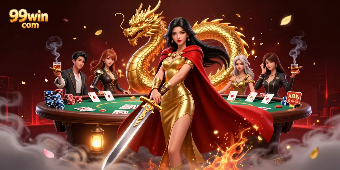 Bet big on 99win com with a fierce warrior queen amidst dynamic casino elements, winning treasures await!