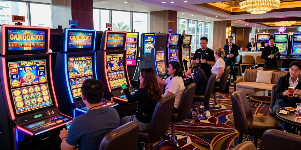 Garuda303 slot players celebrating a win in a vibrant casino environment.