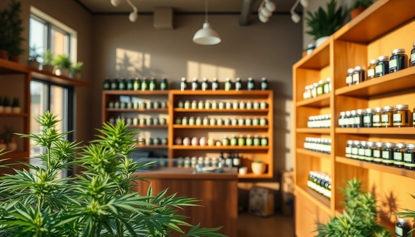 Shop from a pot shop online showcasing organized cannabis products in a warm, inviting space.
