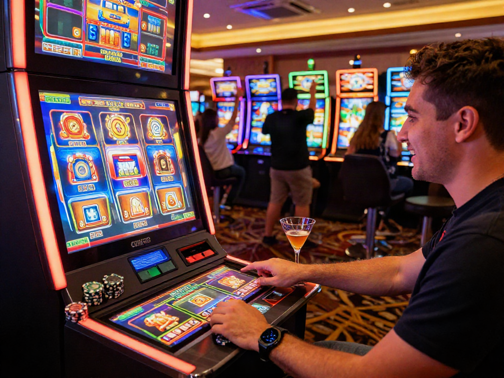Player experiencing a slot bonus at a casino slot machine, surrounded by festive lights and gaming excitement.