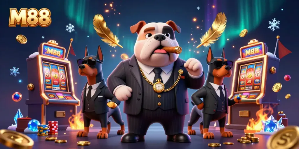 Engage with M88 gaming excitement through an animated illustration featuring a mafia bulldog and Dobermans in a casino.