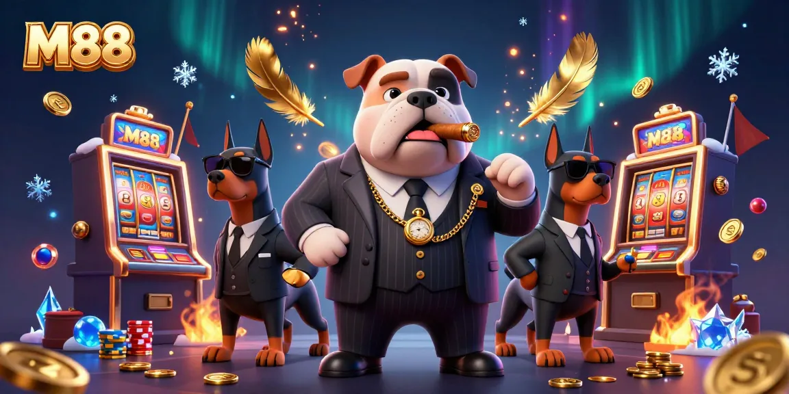 Engage with M88 gaming excitement through an animated illustration featuring a mafia bulldog and Dobermans in a casino.