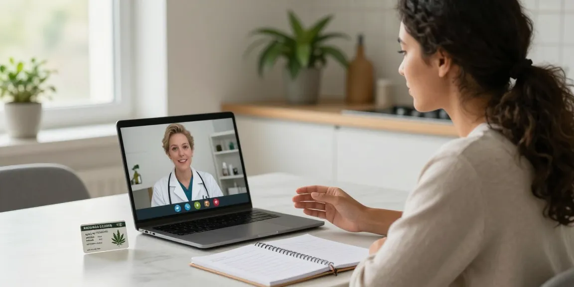 Diverse woman on a video call with a cannabis doctor for her MMJ card online consultation.