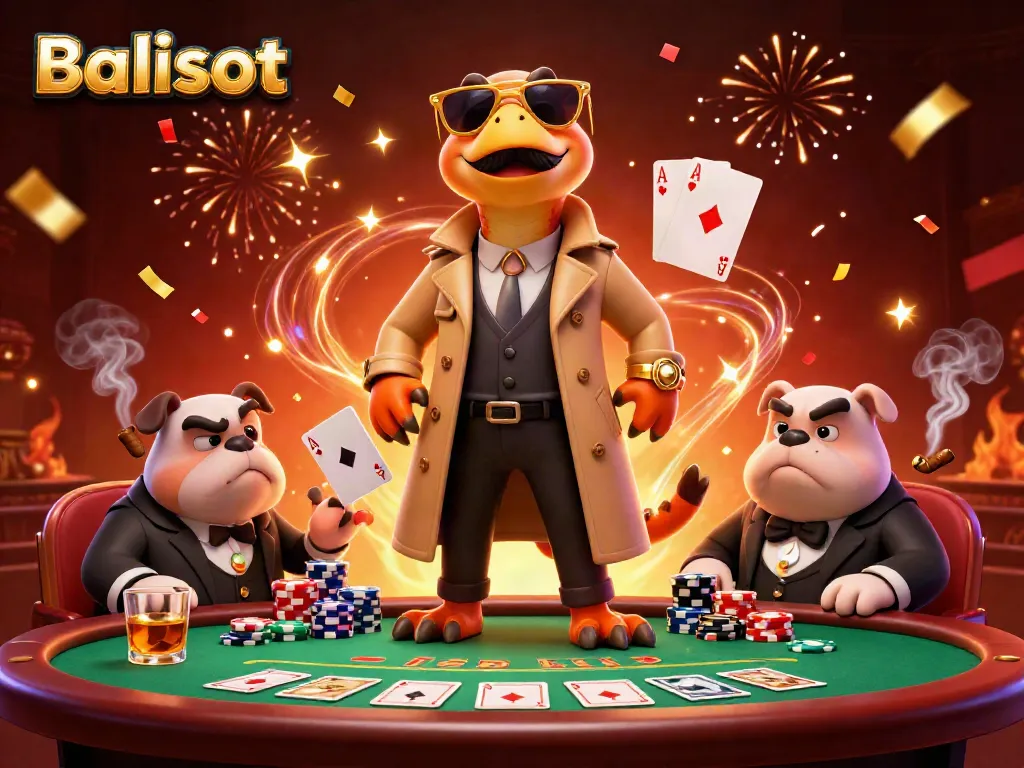Experience the excitement of Balislot in a vibrant VIP casino scene with energetic raptors and a bulldog bouncer.