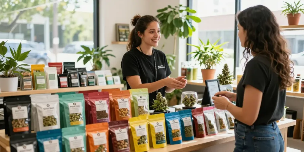 Customer exploring different flavors of gold seal hash in a bright cannabis marketplace.