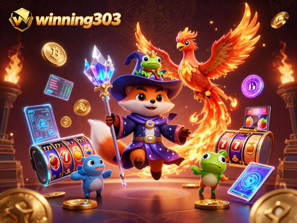 Winning303's vibrant gaming scene with mystical characters and crypto elements showcasing excitement.