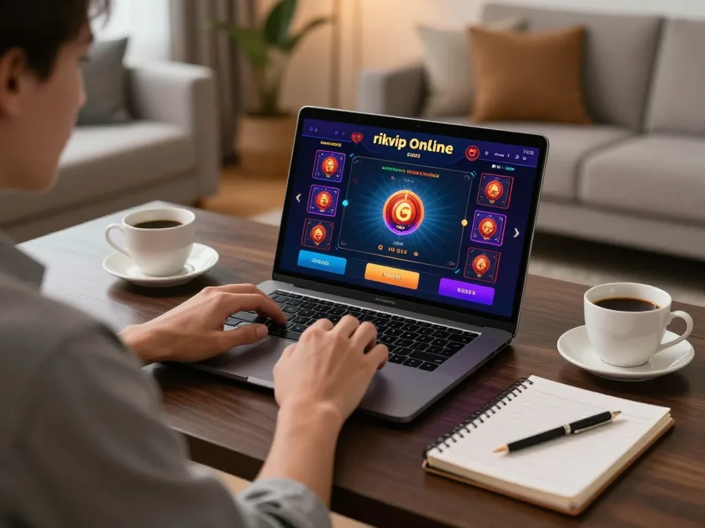 Gambler engaging with the rikvip casino platform, showcasing a vibrant online gaming experience.
