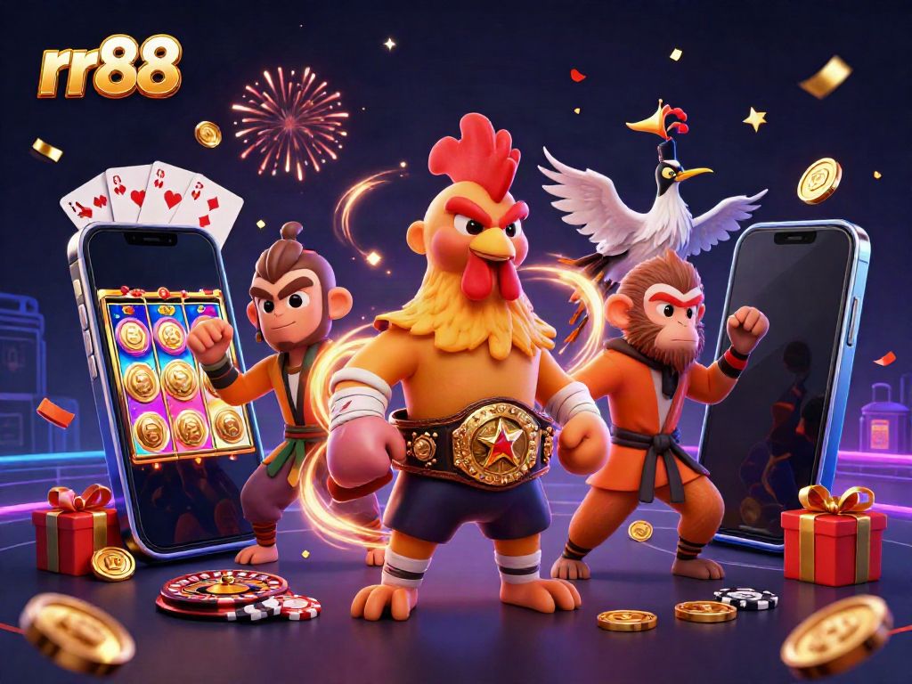Engage with rr88's vibrant casino adventure featuring a Muay Thai rooster and Shaolin monkey amid exciting gaming elements.