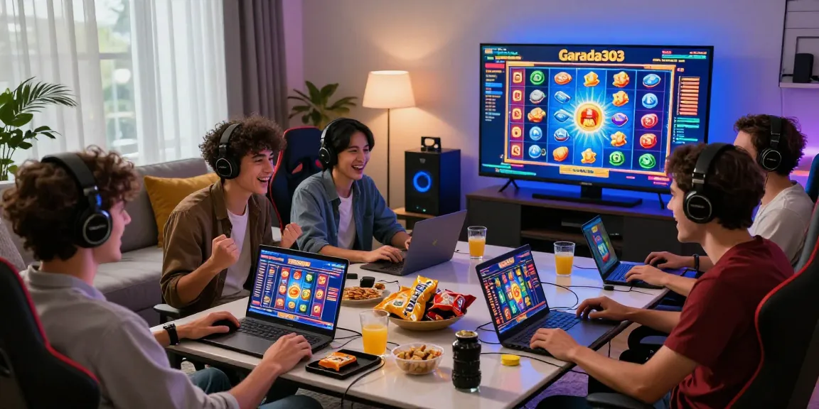 Group enjoying garuda303 slot games in a lively living room setting, showcasing vibrant graphics and joyful interaction.