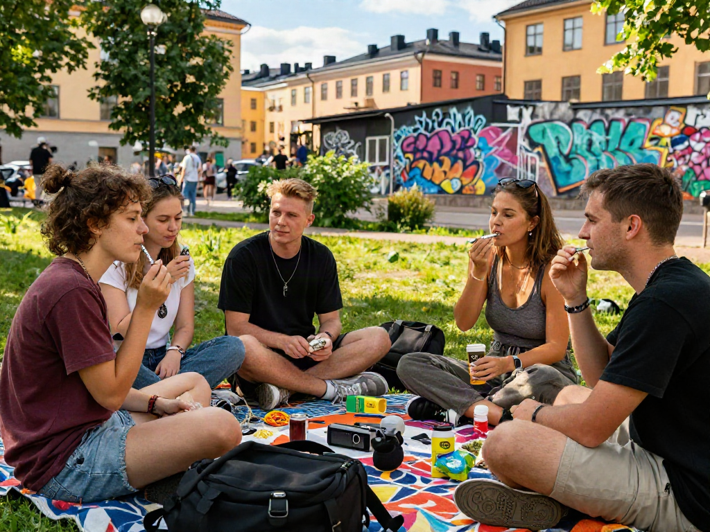 Gathering of young adults enjoying Weed In Helsinki Near Me in a vibrant urban park, sharing cannabis products and drinks.