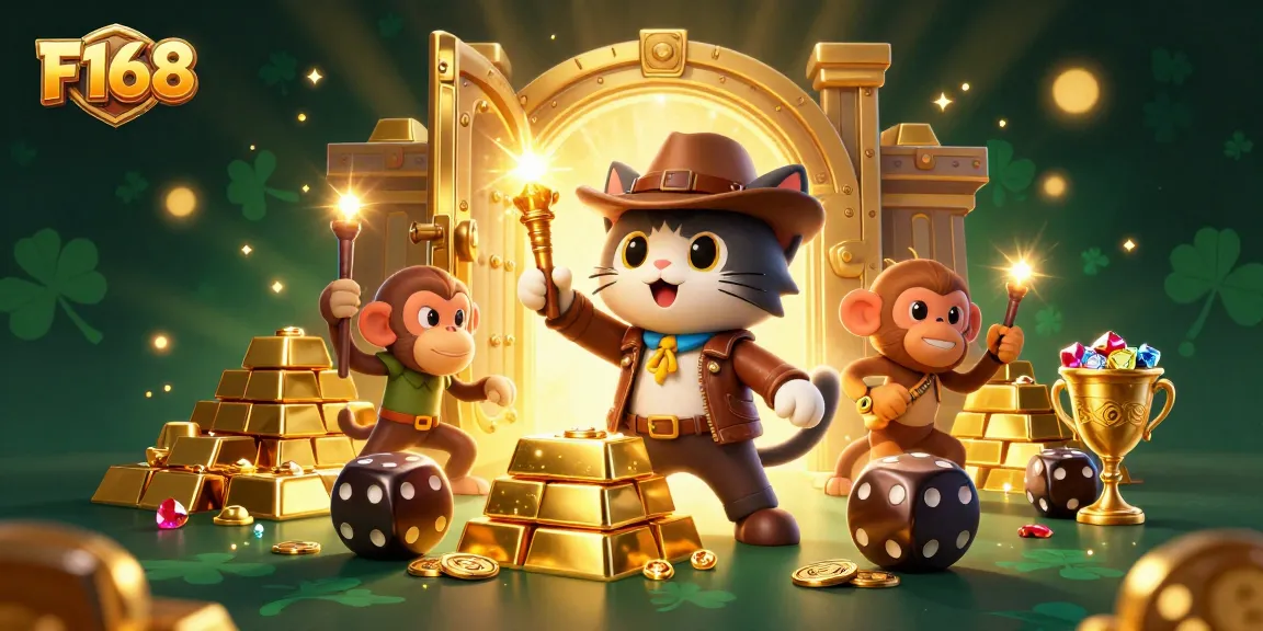 Engage with F168's thrilling gambling world as an explorer cat discovers golden artifacts amidst the thrill of the casino.