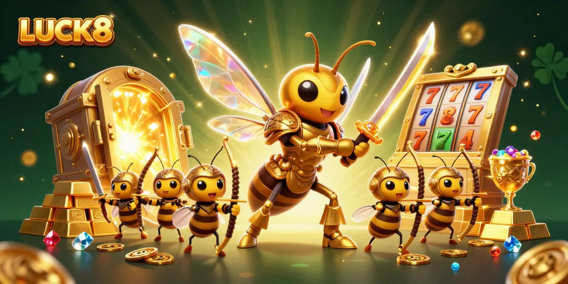 LUCK8 showcases a dynamic 3D casino scene with a golden hornet character amid treasures and slot reels.