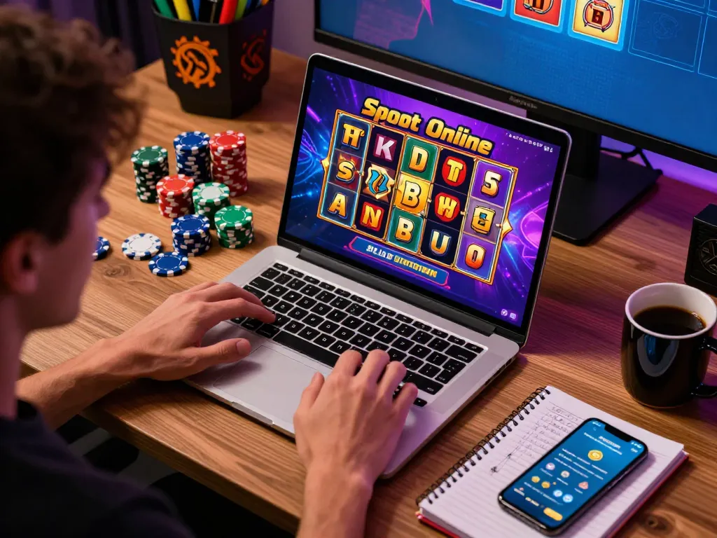 Engaging in Slot Online games with a vibrant laptop setup, surrounded by chips and strategy notes.